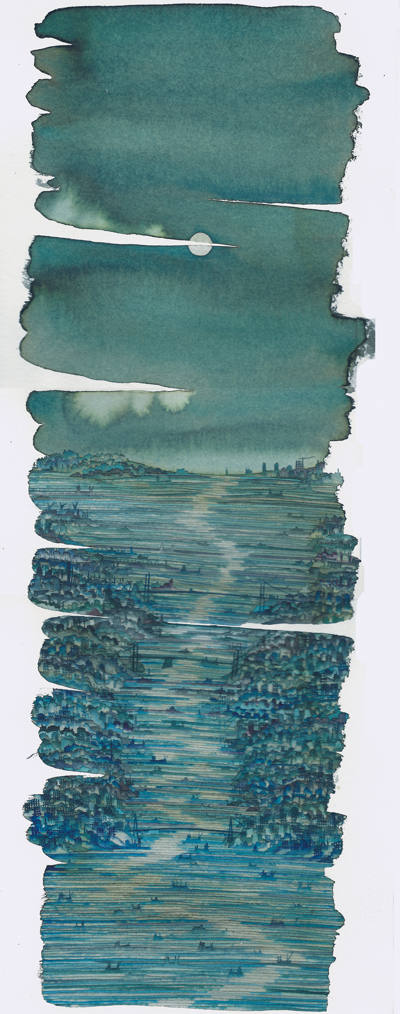 gelecekte bir gece, 24 X 64, watercolor, 2018 gelecekte bir gece